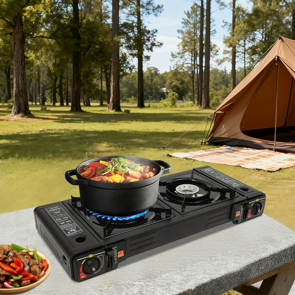 ToppiJoy Portable 2-Burner Camping Stove, Butane Camp Stove with Baking Tray, Countertop Outdoor Gas Stove with Carrying Case, Piezoelectric Ignition, Gas Powered, for Camping, BBQ, Picnic