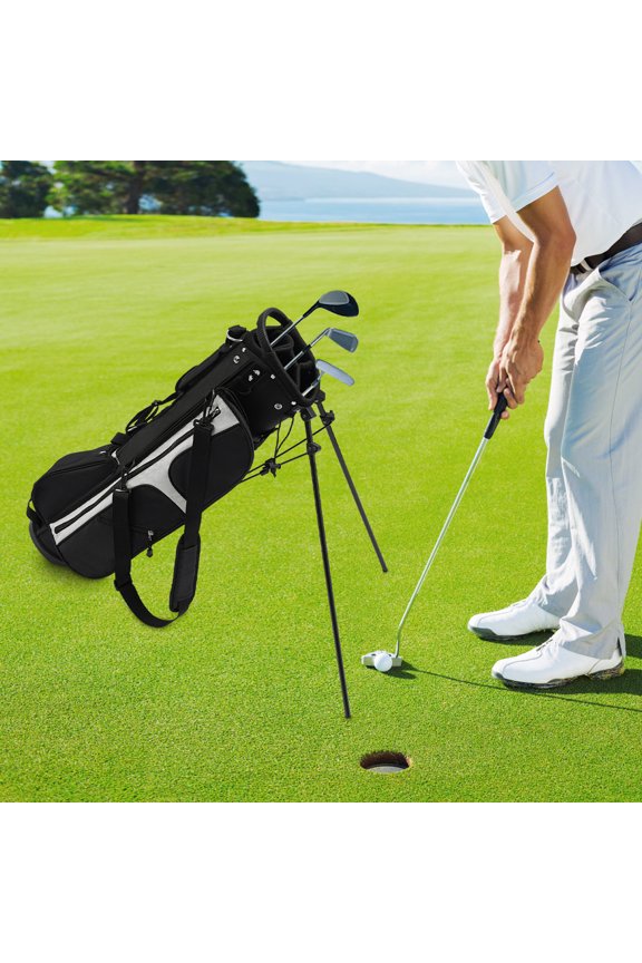 Portable Golf Stand Bag Lightweight with 3 Dividers & 5 Pockets, Adjustable Shoulder Strap, Stable Stand for Driving Range, Par 3 & Executive Courses(Black+White)