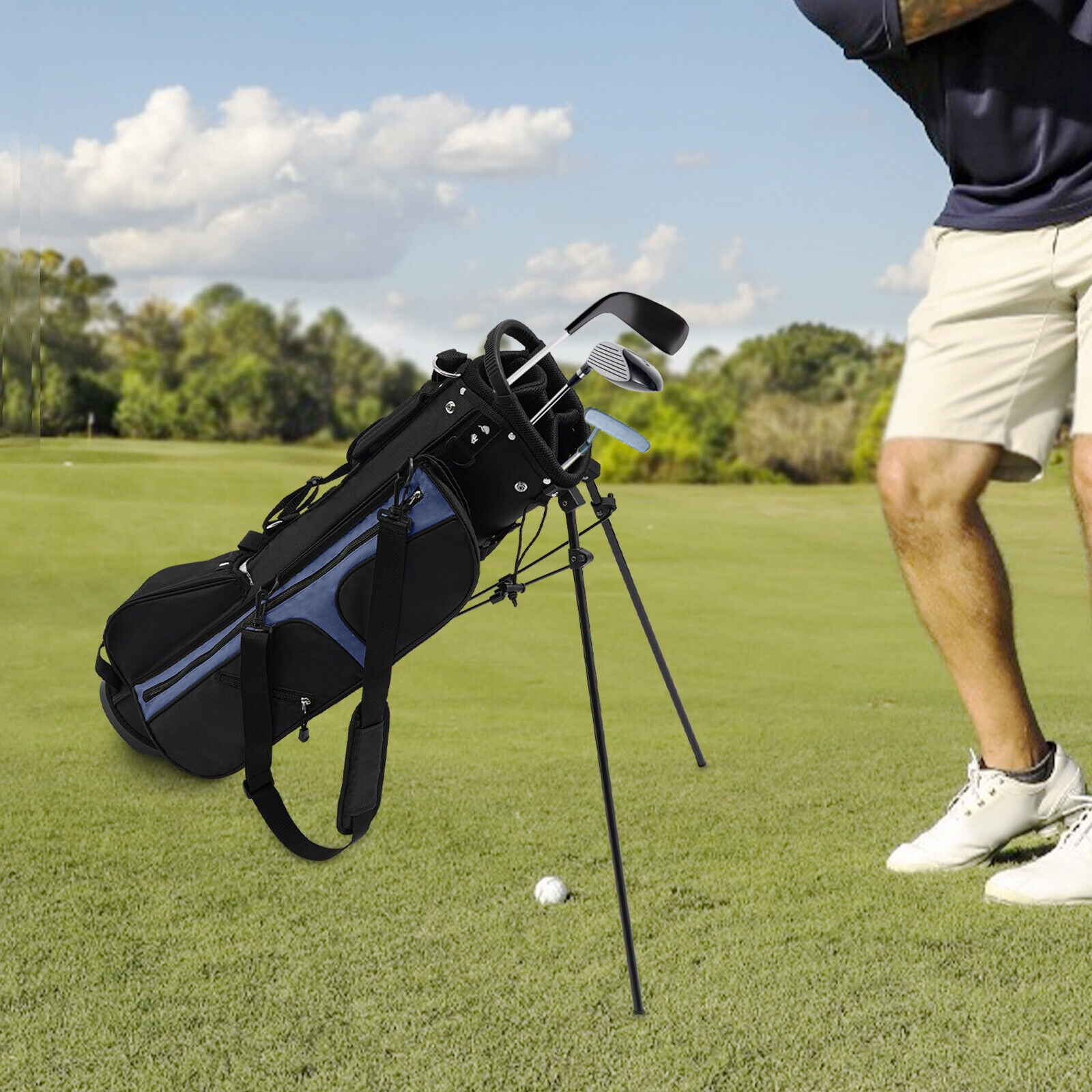 ToppiJoy Portable Golf Stand Bag Lightweight with 3 Dividers & 5 Pockets, Adjustable Shoulder Strap, Stable Stand for Driving Range, Par 3 & Executive Courses(Black+ Blue)