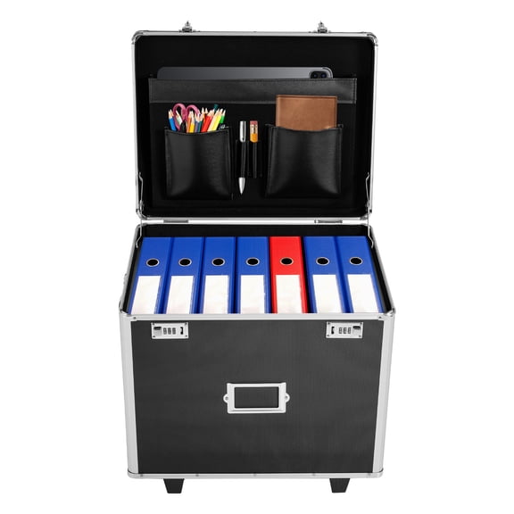 ToppiJoy Portable Mobile File Box, Hand Pull Locking Business Case with Handle Wheels for Office Documents Black