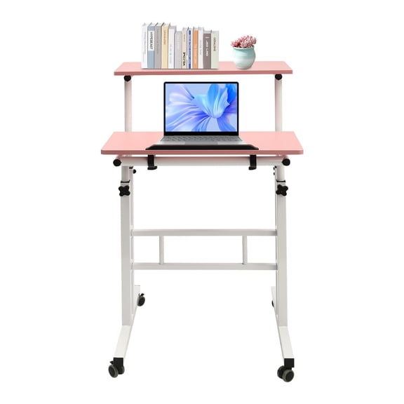 ToppiJoy Portable Rolling Stand Desk, Adjustable Small Lift Table with Wheels Storage for Home Office (Pink)