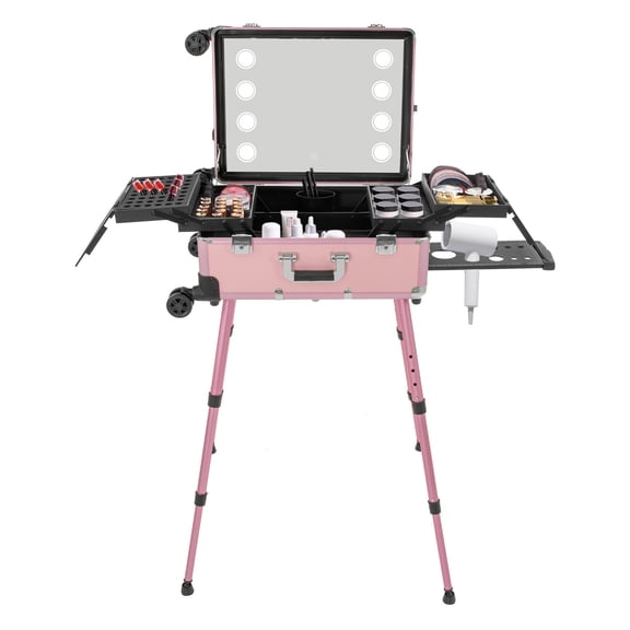 ToppiJoy Portable Rolling Trolley Makeup Train Case, Professional Makeup Case with LED Lights, Wheels Pink