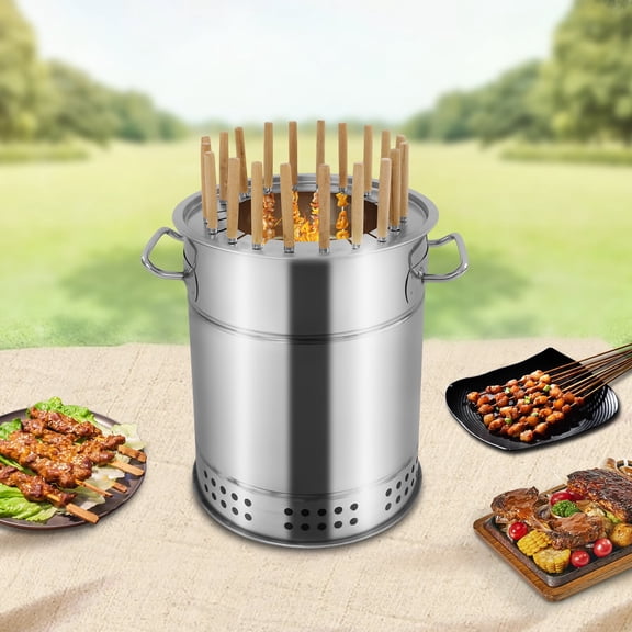 ToppiJoy Portable Stainless Steel Charcoal Grill, 20-Skewer Capacity Mini Charcoal BBQ Grill, Smokeless Grill with Oil-Carbon Separation Design for Camping, Picnics, and Outdoor Barbecues