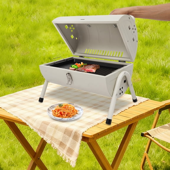 ToppiJoy Portable Tabletop Charcoal Grill with 2 Baking Nets and 1 Pans, BBQ Charcoal Grill for Outdoor Cooking Camping, Picnics, Backyard White