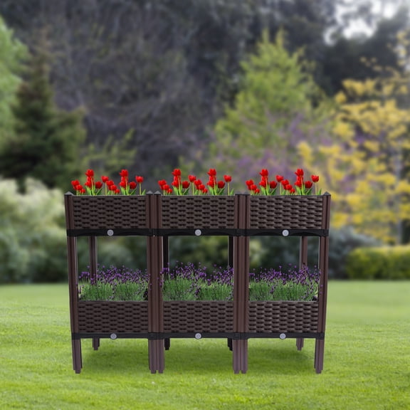 ToppiJoy Raised Self-Watering Garden Bed with Legs, Garden Boxes Plant Pots Plastic Planter for Indoor Outdoor Vegetables, Fruits, Potato, Flowers (Brown 3+3 Boxes)