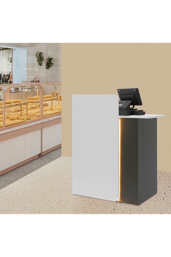 Reception Desk with LED Light, Modern Front Desk Reception Room Table with Lockable Drawer for Lobby, Retail Stores (Warm White, Grey, 31.5in)