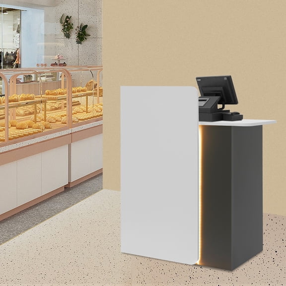 ToppiJoy Reception Desk with LED Light, Modern Front Desk Reception Room Table with Lockable Drawer for Lobby, Retail Stores (Warm White, Grey, 31.5in)