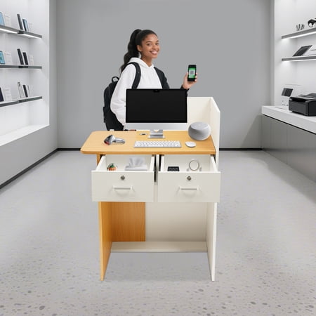 ToppiJoy Reception Desk with LED Light, Modern Front Desk Reception Room Table with Lockable Drawer for Lobby, Retail Stores (Warm White, Light Wood Color, 31.5in)