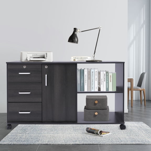ToppiJoy Rectangular Mobile Lateral Filing Cabinet with Lock, File Cabinet with Drawers and Open Storage Shelves, for Home Office (Black)
