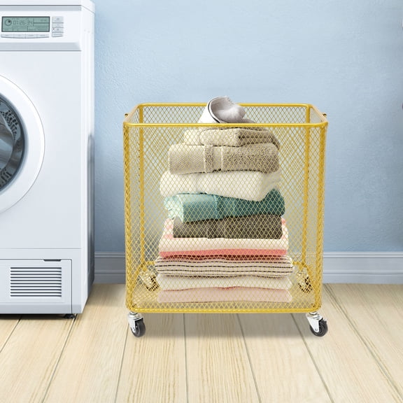 ToppiJoy Removable Laundry Basket on Wheels, Large Rolling Laundry Hampers, Stackable Storage Cart with Handles (Gold, Rectangular)