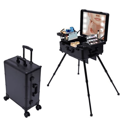 ToppiJoy Rolling Adjustable Make-Up Case, Cosmetic Train Case with Light Mirror Wheels, Professional Makeup Artist Travel Cases Bag Black
