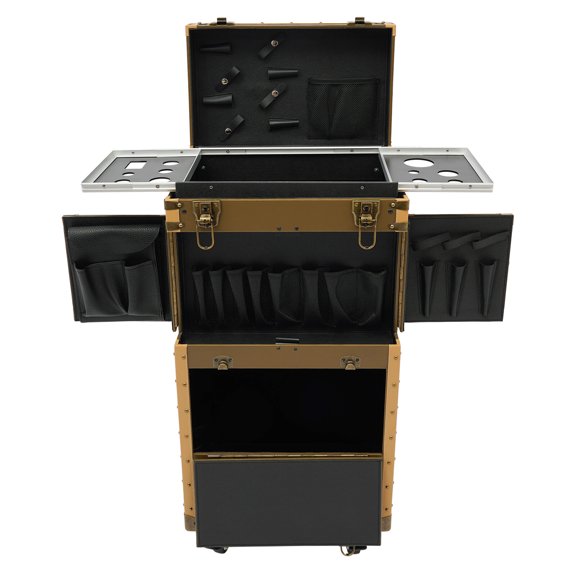 ToppiJoy Rolling Lockable Makeup Train Case, Hairdressing Trolley, Hairdressing Travel Case with Wheels for Barber Gold (Style B)