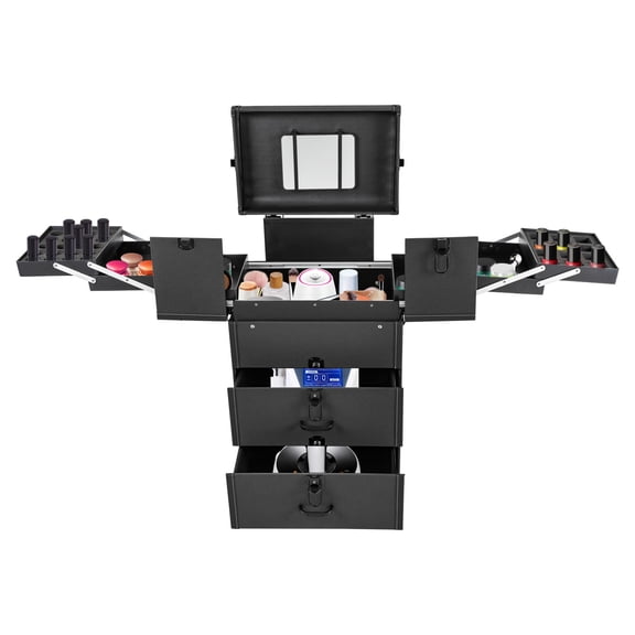 ToppiJoy Rolling Makeup Train Case, Lockable Portable Cosmetic Trolley, Makeup Travel Case with Key Swivel Wheels and Mirror (Black)