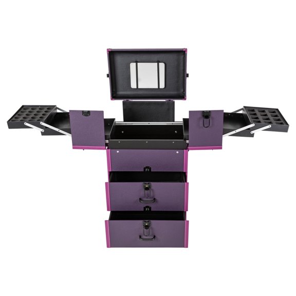 ToppiJoy Rolling Makeup Train Case, Lockable Portable Cosmetic Trolley, Makeup Travel Case with Key Swivel Wheels and Mirror (Purple)