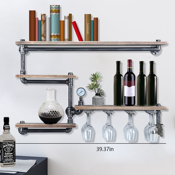 ToppiJoy Rustic Metal Floating Bar Shelves Wall Mounted, Industrial Pipe Shelf Wine Racks with 4 Stem Glass Holder