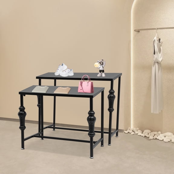 ToppiJoy Set of 2 Industrial Retail Display Tables, Standing Clothing Shoes Display Rack for Retail Store, Hotel, office (Black)