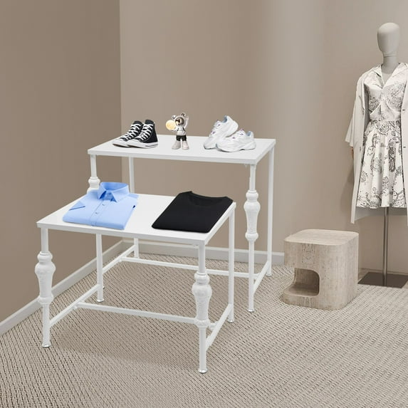 ToppiJoy Set of 2 Industrial Retail Display Tables, Standing Clothing Shoes Display Rack for Retail Store, Hotel, office (White)