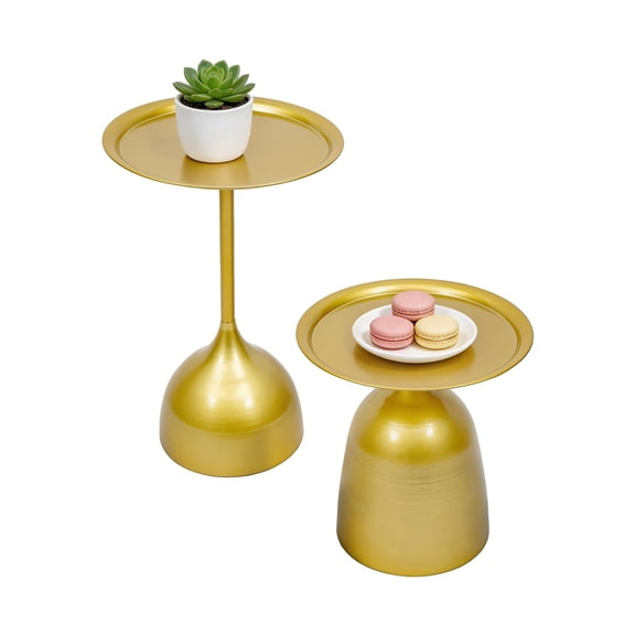 ToppiJoy Set of 2 Round Iron Circular Tray-style Tabletop Side Tables, 15.75 in Round End Table (Gold)