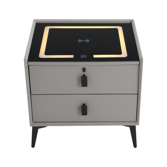 ToppiJoy Smart Nightstand with Fingerprint Lock Drawers, Smart Bedside Table with LED Three-Color Light USB Charging Station for Bedroom (Light Grey)