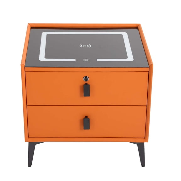 ToppiJoy Smart Nightstand with Fingerprint Lock Drawers, Smart Bedside Table with LED Three-Color Light USB Charging Station for Bedroom (Orange)