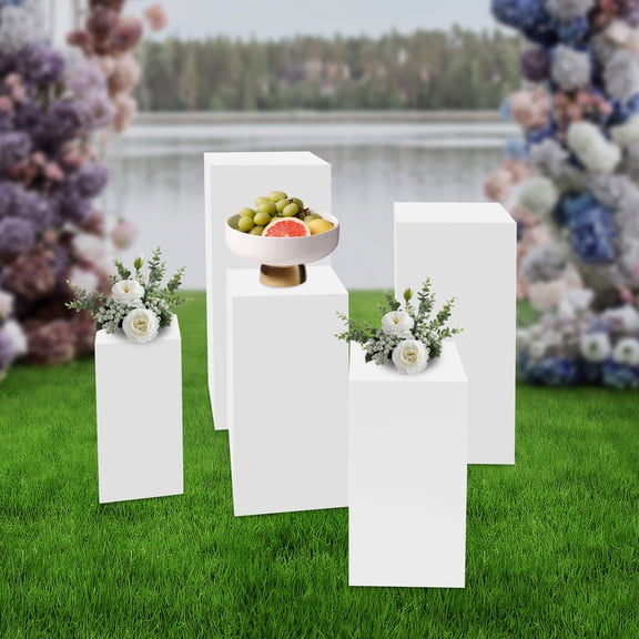 ToppiJoy Square Pedestal Stands, Display Decor Backdrop, Metal Square Plinths Dessert Table Display Pillars for Birthday Wedding (White A, 5Pcs)