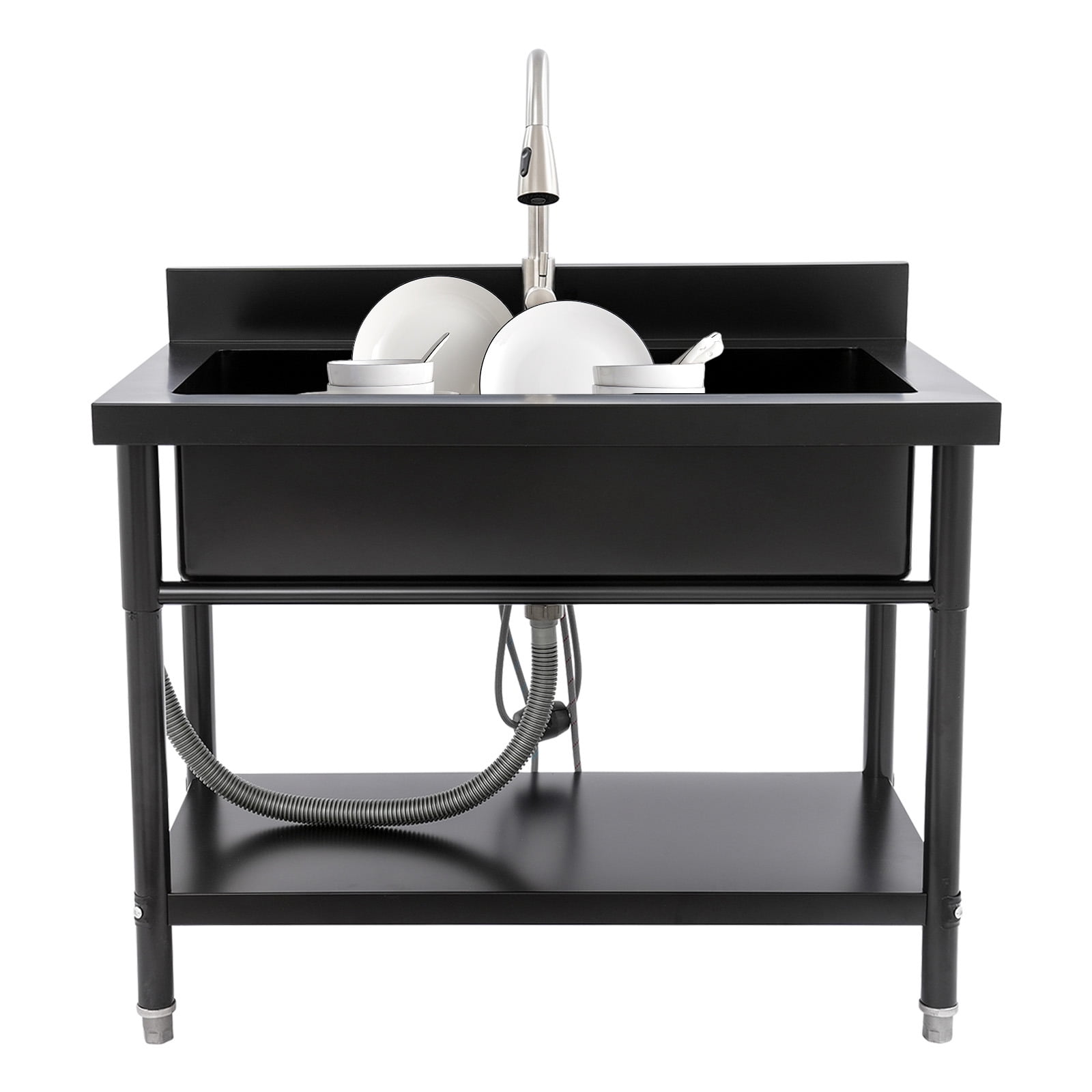 ToppiJoy Stainless Steel Single Bowl Utility Sink, Freestanding Laundry Sink with Pull-Out Faucet for Laundry Room Indoor Outdoor (Black)