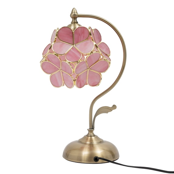 ToppiJoy Tiffany Style Stained Glass Flower Table Lamp, Pink Petal Floral Desk Light with Metal Base, for Bedroom Living Room