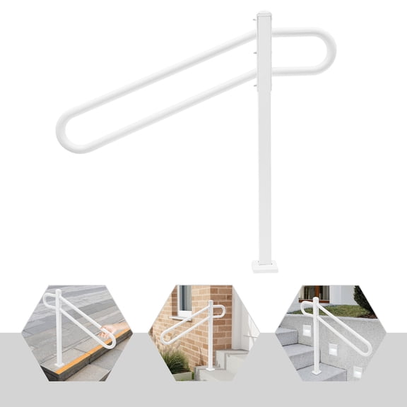ToppiJoy U-Shaped Single Post Handrail, Iron Metal Handrails for Outdoor 1-3 Steps, 45 ° Slope Tubes Stair Railing for Garage, Porch (White)