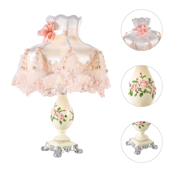 ToppiJoy Victorian Style Table Princess Lamp Handmade Gauze Fabric Lampshade Traditional Resin Flower Carved Base for Bedroom Office Living Room Pink