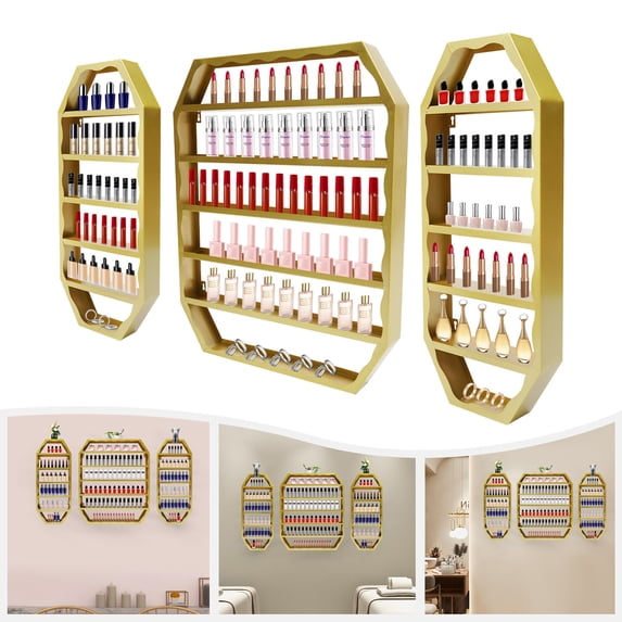 ToppiJoy Wall-Mounted Nail Polish Rack, Octagonal Nail Polish Shelf for Home Spa Nail Salon Shop Gold
