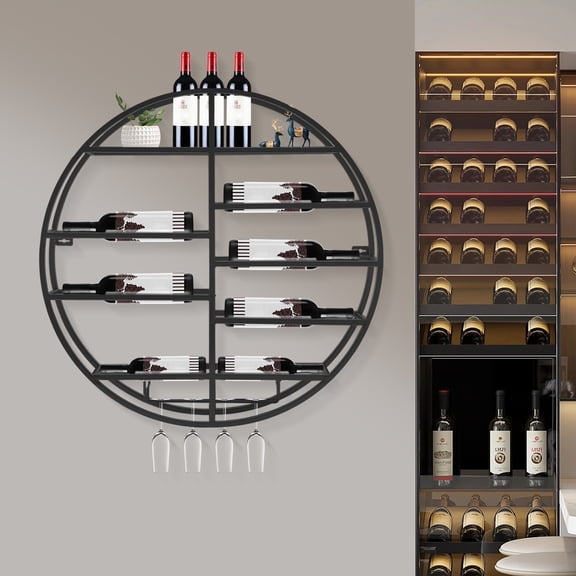 ToppiJoy Wall Mounted Round Wine Rack, Metal Wine Shelf with Glass Holder, Floating Wine Display Rack for Home Bar Kitchen (Black)