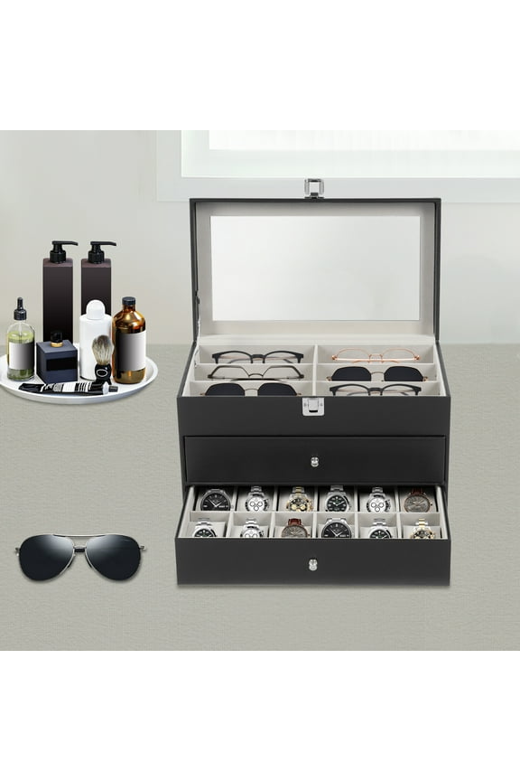 Watch Box with 24 Compartments, Drawer Design for Eyeglasses and Watches, Soft Fleece Lining, Modern Black Color, Ideal Organizer for Home, Office, and Jewelry Storage