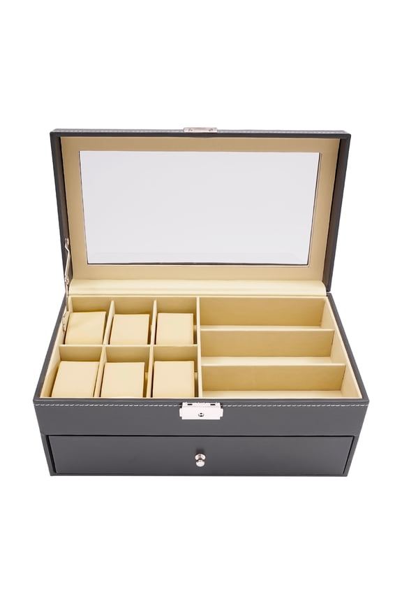Watch Storage Box & Eyeglasses Organizer with 6 Watch Slots, 9 Eyeglass Slots, Retro Design & Secure Lock, Eyewear and Watch Display Case for Home, Office & Gifts