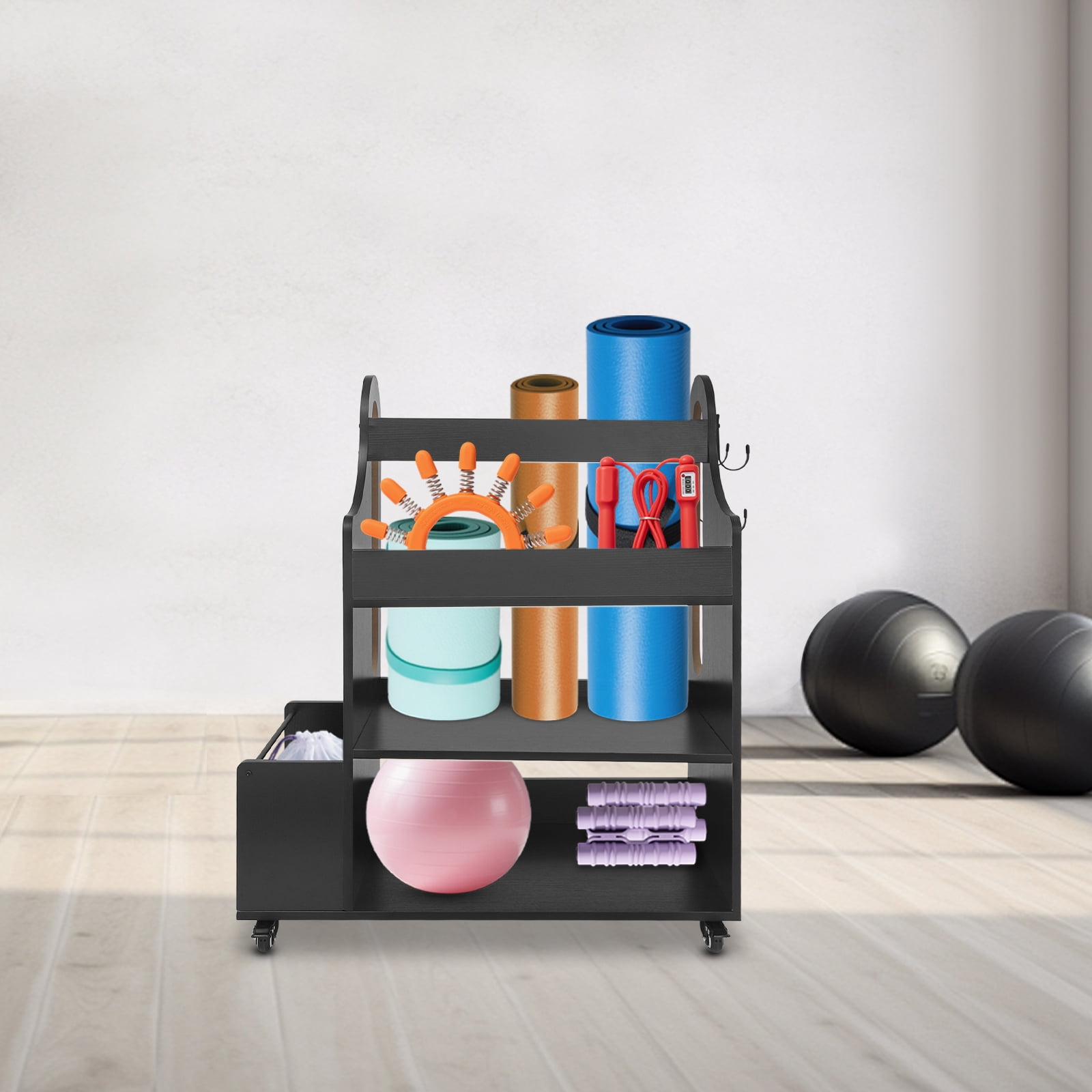 ToppiJoy Weight Rack for Dumbbells, Home Gym Storage Rack Yoga Mat Holder with Wheels and 4 Hooks, Workout Storage Weight Plate Stand, Each Tier Hold up 50lbs for Kettlebells, Foam Roller