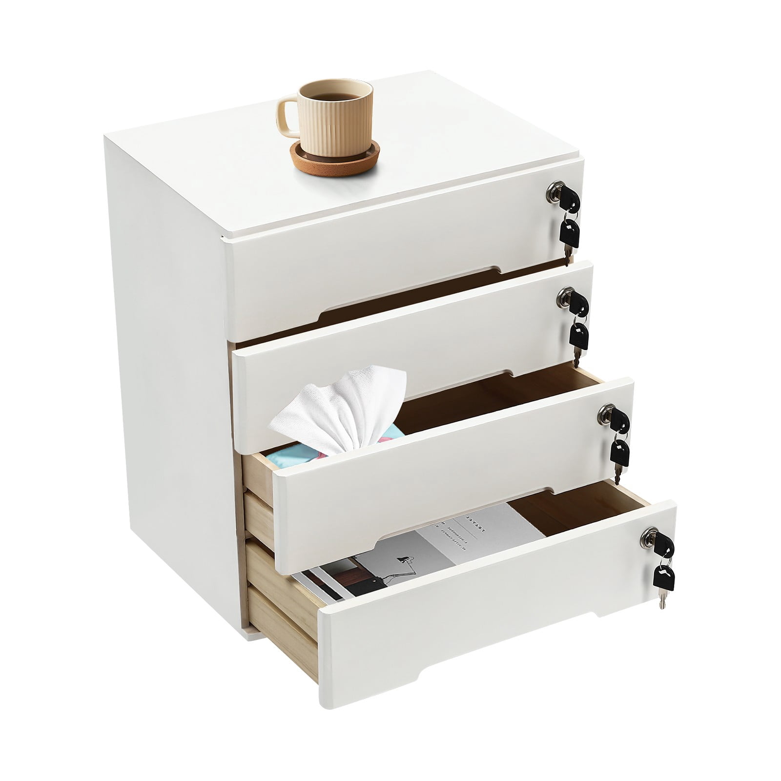 ToppiJoy Wooden Desktop Storage Box with 4 Lockable Drawers, Flat File ...