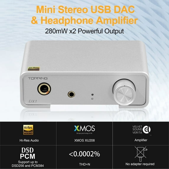 Topping DX1 mini amplifier,headphone amplifier 3.5mm,Plug and play, USB charging,Silver