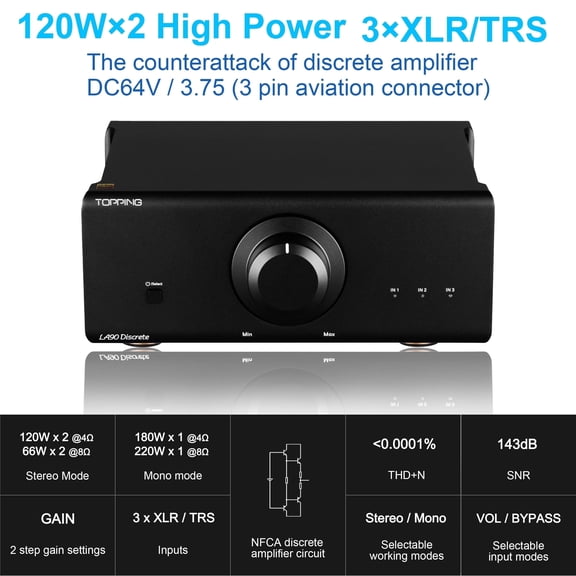 Topping LA90 Discrete power amplifier, 120Wx2 High Power audio amp,Stereo/Mono modes,Black
