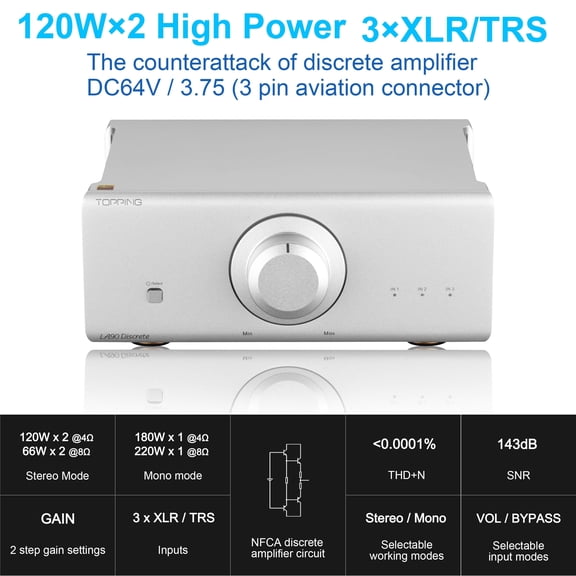 Topping LA90 Discrete power amplifier, 120Wx2 High Power audio amp,Stereo/Mono modes,Black