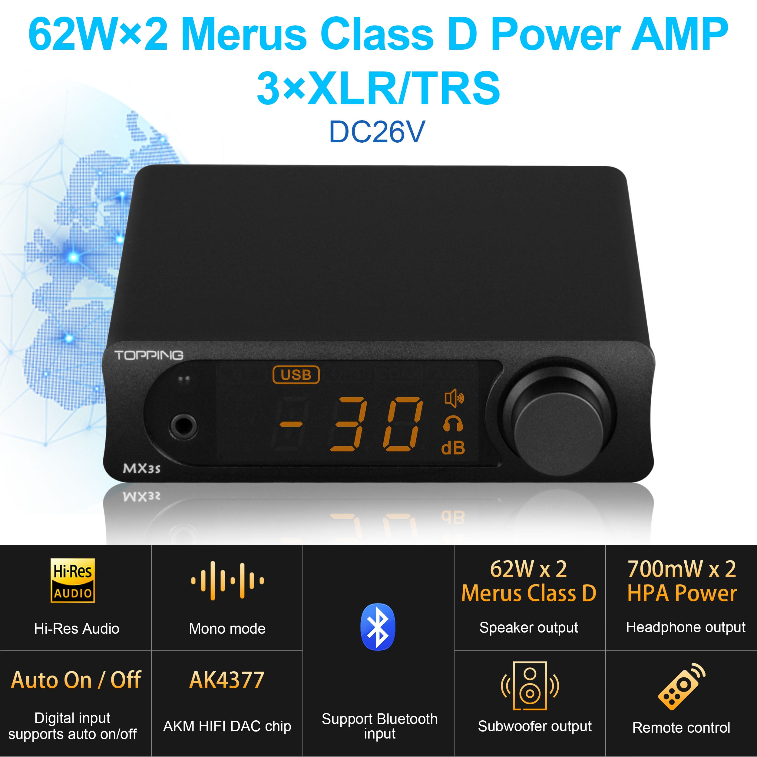 Topping MX3s Amplifier 62W x 2 Class D Power amp Subwoofer Out 700mW x 2 Headphone amp 24bit