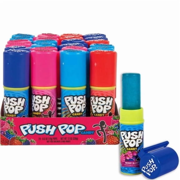 Topps Push Pop Assorted Flavor Candy Pops, Individually Wrapped Push Pop Lollipops, Fun Kids Candy, 0.5 oz Pops, 24 Count Display Box