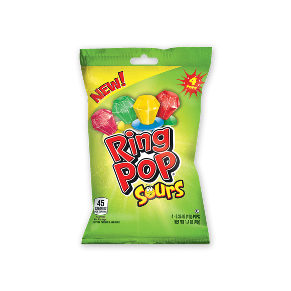 Ring Pop, Kosher, Sours Flavor, Individually Wrapped Lollipops, 1.4 oz, 4 Count, Bag