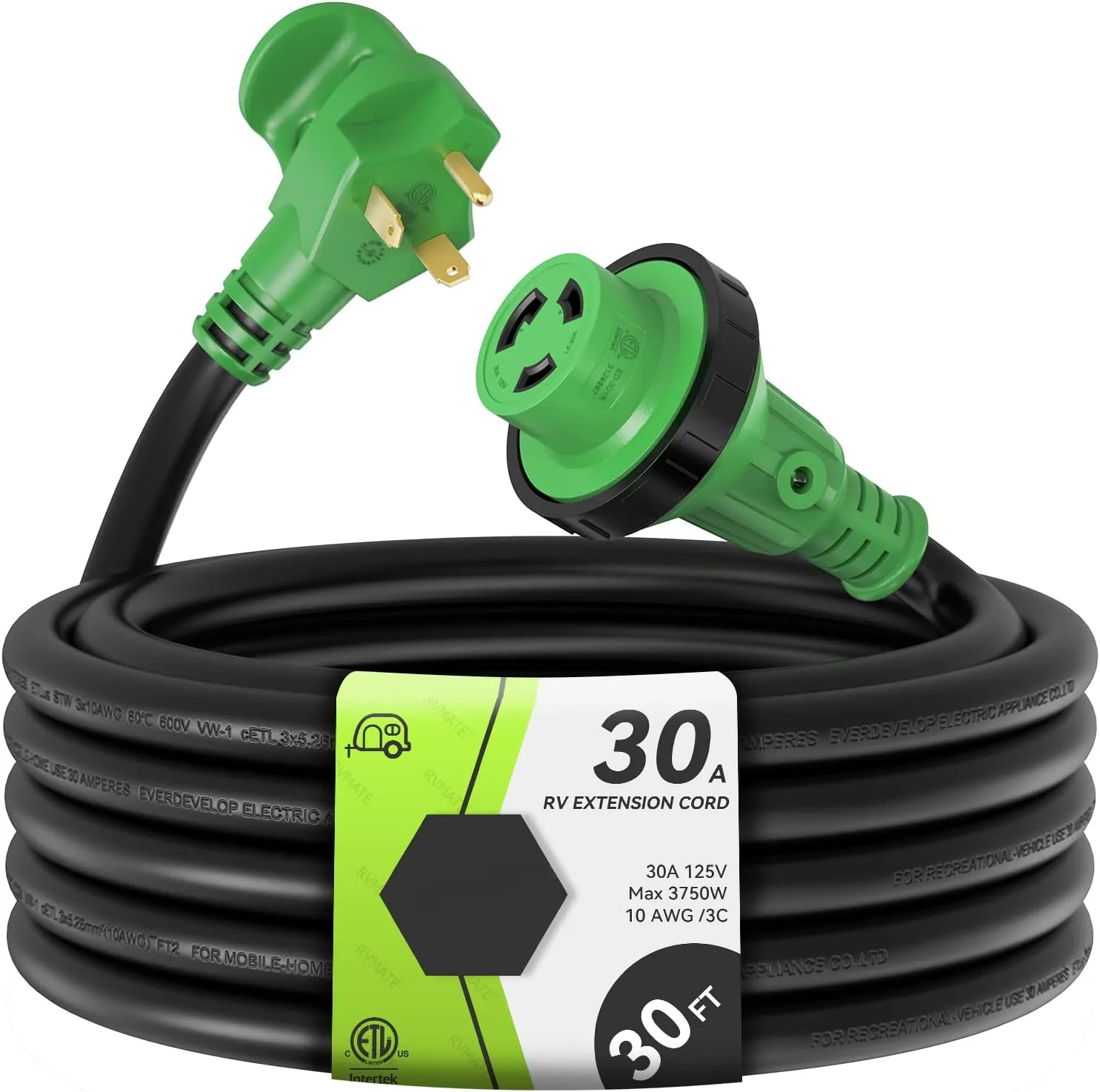 Topreu 30 Feet 30 Amp RV Lockable Power Extension Cord with Easy Plug-in Handle, TT-30P to L5-30R, LED Indicator, 10 AWG, ETL Listed