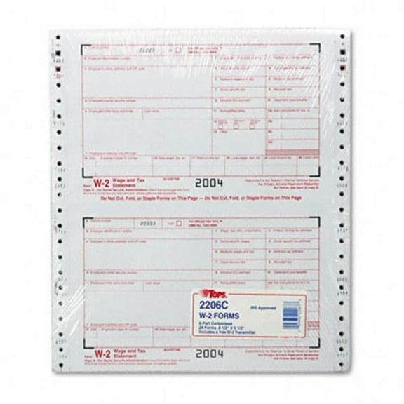 Tops 2206C W-2 Tax Forms for Dot Matrix Printers 6-Part Carbonless 24 Continuous Sets/Pk