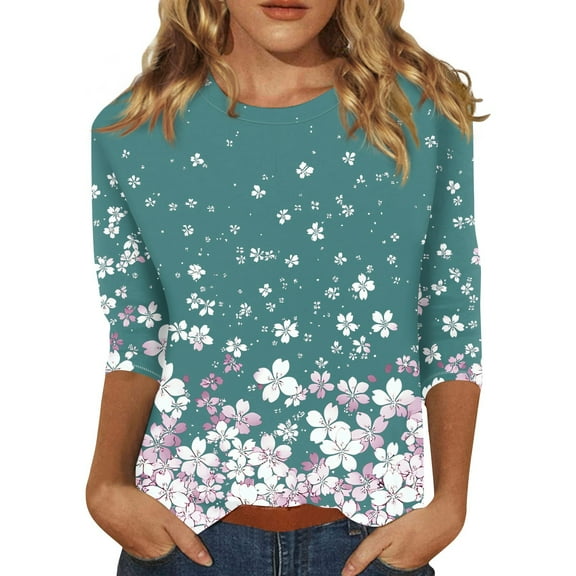 Tops, 3/4 Sleeve Shirts Cute Flower Print Graphic Tees Blouses Casual Plus Size Basic Tops Pullover T Shirts For Women Ladies Tops And Blouses Sheer Tank Top Tunic Bustier (4XL, Cyan) ZMTing