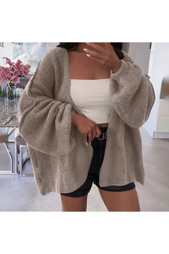 Tops Under $5 ! Yrmaups Women Oversized Cardigan Sweaters Solid Color Long Lantern Sleeve Chunky Knit Open Front Sweater Coats Lightweight Trendy Casual Fall Outerwear