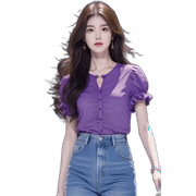 Tops Blouses Salt Wear Korean Popular Pretty Small Shirt Women Purple Short Sleeve Shirt Purple 2Xl