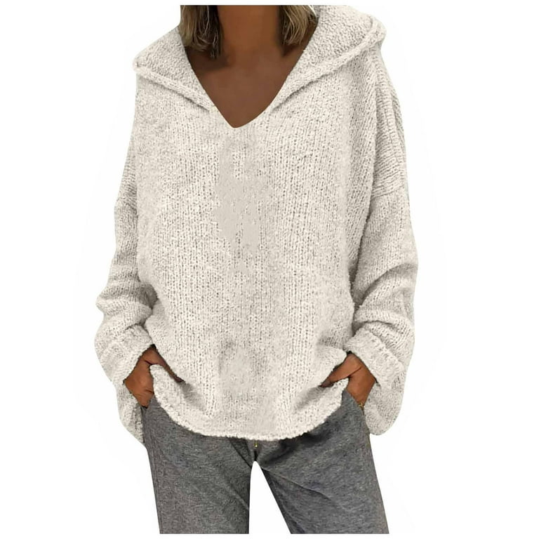 Tops Fashion Size Women Hood Long Sweater Sleeves Color Solid Large Loose  Sweater Long Sweaters to Wear with Leggings