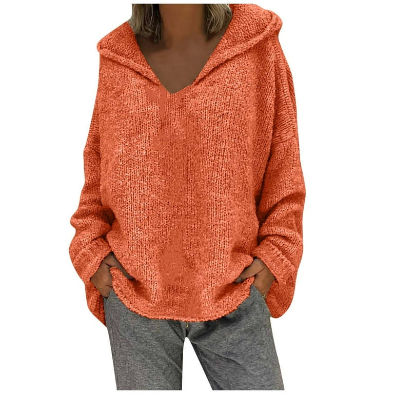 Tops Fashion Size Women Hood Long Sweater Sleeves Color Solid Large Loose  Sweater Long Sweaters to Wear with Leggings