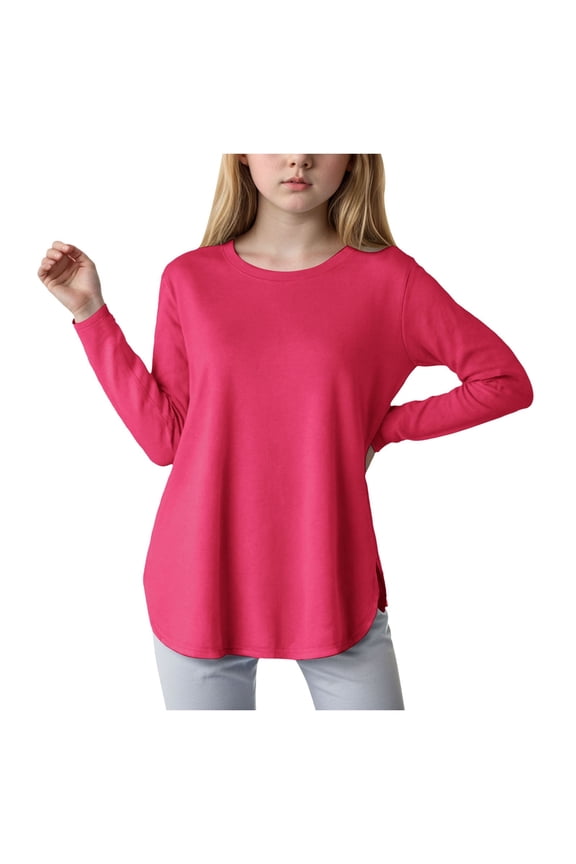 Tops For Girls Girls Clothes Size 10 12 Girls Long Sleeve Shirts Kids Curve Hem Side Slit Soft Tunic Tops T-Shirts Hot Pink 4-5 Years