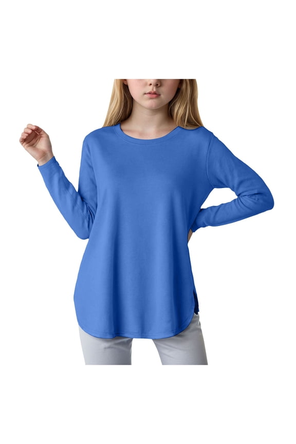 Tops For Girls Teen Girl Shirts Girls Long Sleeve Shirts Kids Casual Crewneck Soft Side Slit Tunic Tops Blouse Blue 10-11 Years